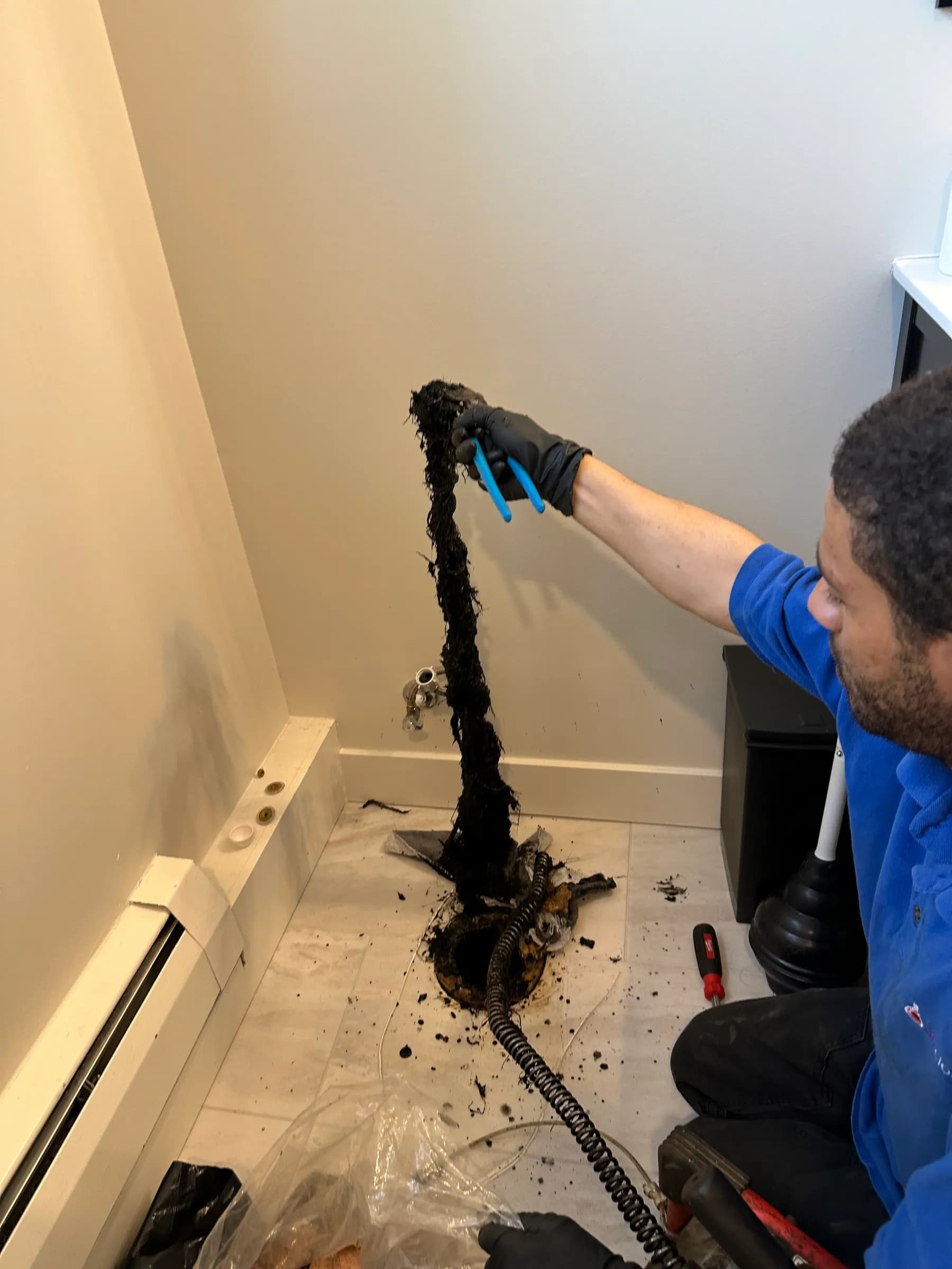 Root-like debris removed during a residential drain service call