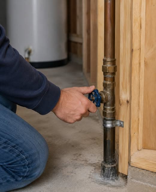 A technician servicing a plumbing shutoff valve